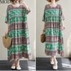 MODIQUE Sommer Übergröße Neues Kleid Hemd Damen Vintage Baumwolle Leinen Falten Kleid Drucken Lässig Damenkleider Kurzarm O-Ausschnitt Volantkleid