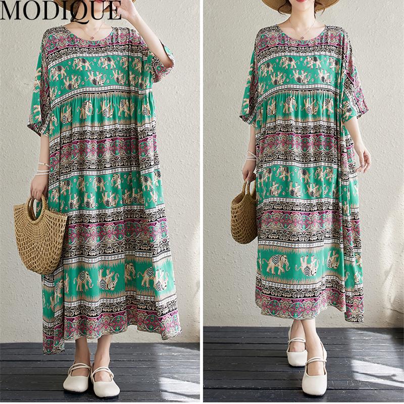 MODIQUE Sommer Übergröße Neues Kleid Hemd Damen Vintage Baumwolle Leinen Falten Kleid Drucken Lässig Damenkleider Kurzarm O-Ausschnitt Volantkleid