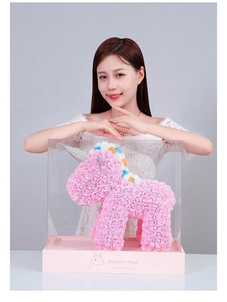 Qixi Unicorn Rose Preserved Flower & Teddy Bear Gift Set for Girlfriend or Kids