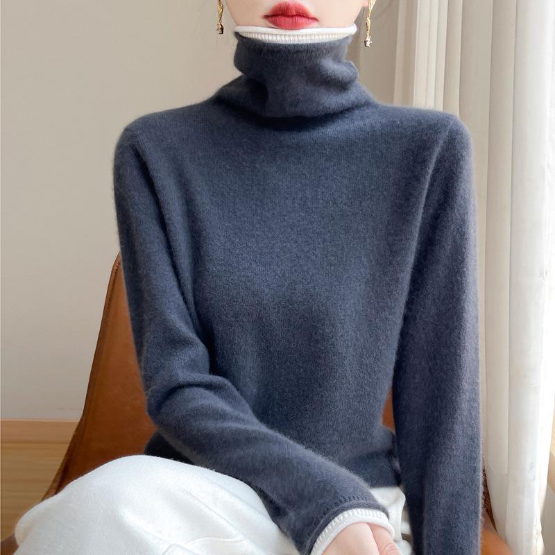 Women's Stylish Color Block Turtleneck Sweater, Fake Two-Piece Long Sleeve Knit Warm Base Layer Top