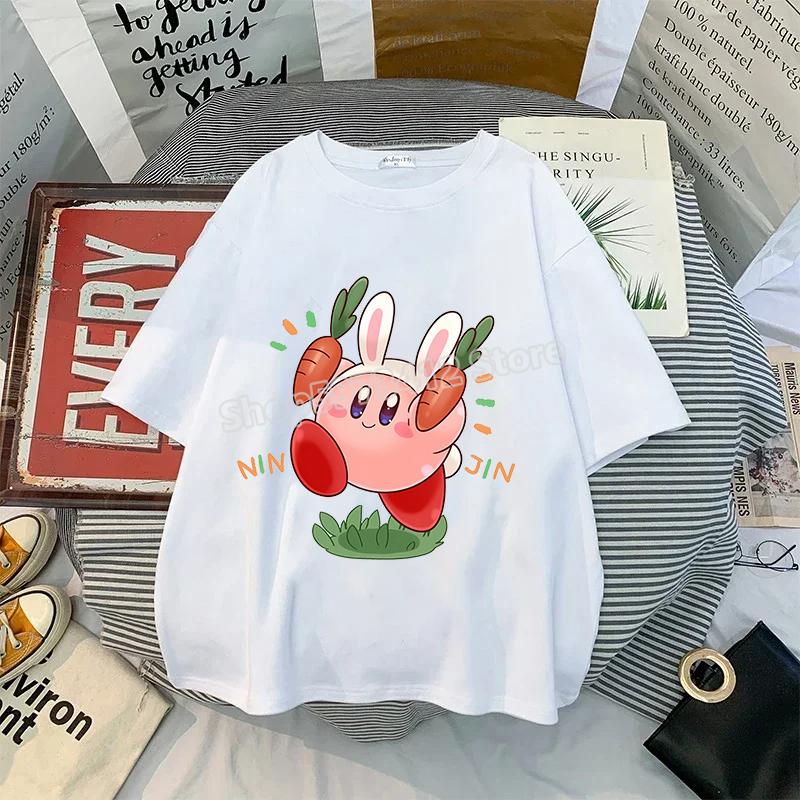 Kirby Shirt Summer O-neck Round T-shirt Cotton Short-Sleeve Tops Solid Color Adult Printed Anime White Tshirt Collar Couple Tees
