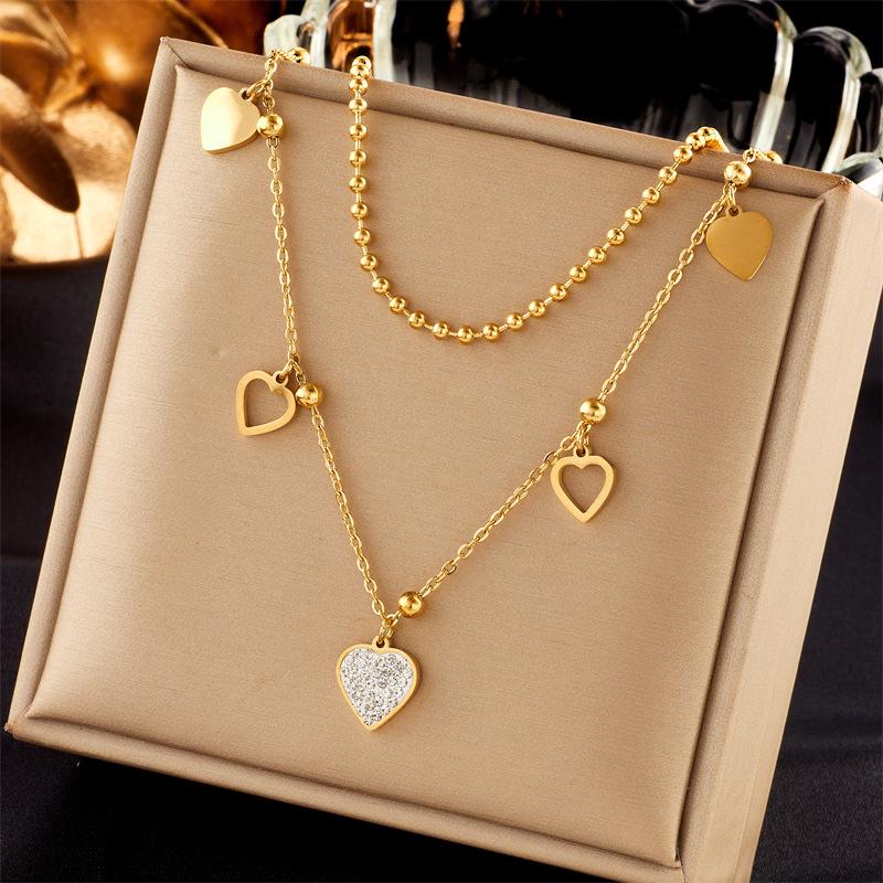 Gold Plated Multi-Heart Layered Beaded Chain Necklace for Women Stainless Steel with Cubic Zirconia