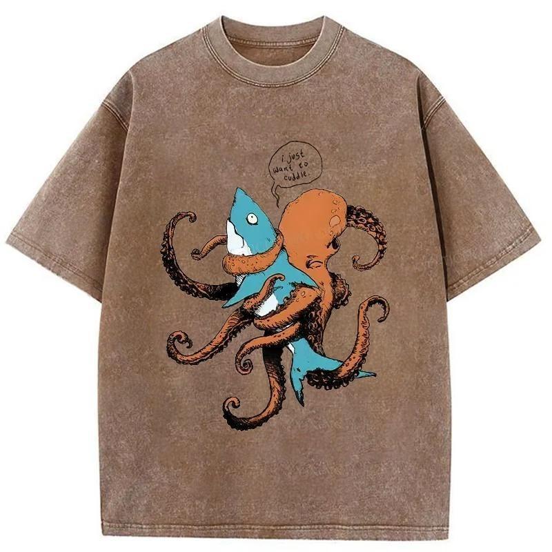 Japanese Style Y2K Hip hop Men's T-shirts Octopus Entangles Shark Washed T-Shirt Summer Retro Vintage Short Sleeve