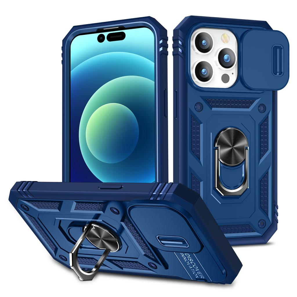 For iPhone 15 Pro Max Kickstand Case Card Holder PC+TPU Phone Cover with Sliding Camera Protection