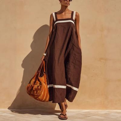 Women Striped Color Block Jumpsuit Wide Leg Pants Sleeveless Square Neck Casual Loose Fit Romper