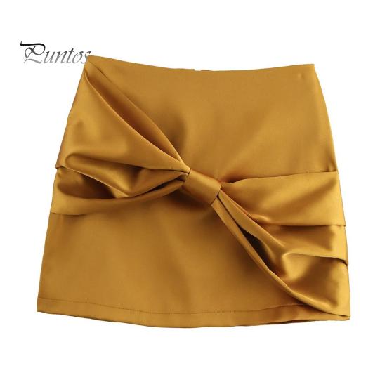 

Женская мини-юбка из искусственного атласа с высокой талией, короткая юбка с застежкой-молнией сзади, с бантом, однотонная юбка S жёлтый