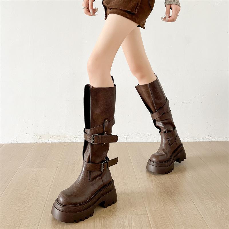 British Style Thick Heel But Knee Knight Boots Women's 2025 Autumn New Retro Versatile Thin Sweet Cool Buckle Boots