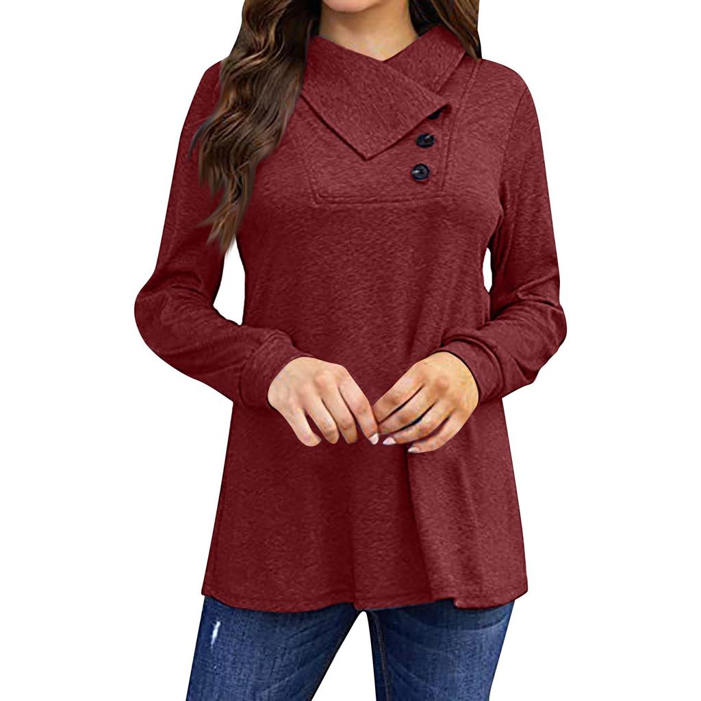 Women's Solid Color Button Long Sleeved T-shirt Loose Pullover Top