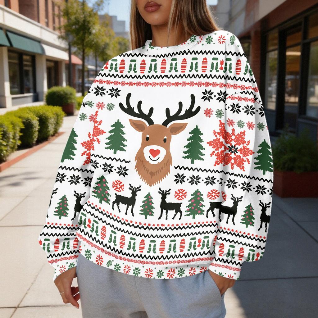Women's Trendy Christmas Print Crewneck Sweatshirt Lightweight Casual Pullover Top
