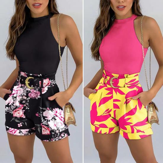 Damen 2-teiliges Weste-Short-Set, ärmellos, O-Ausschnitt, elastische Taille, Tops und Shorts, Anzug, Weste, Trainingsanzug, Outfit, Slim Fit, Yoga-Set