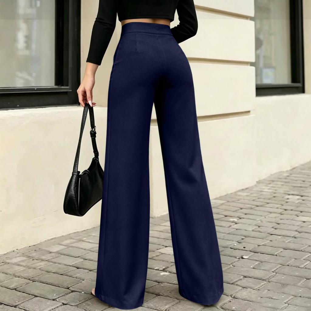 Women’s High Waist Straight Leg Trousers with Draped Effect and Simple Overlapping Waistband for Casual and Office Wear
