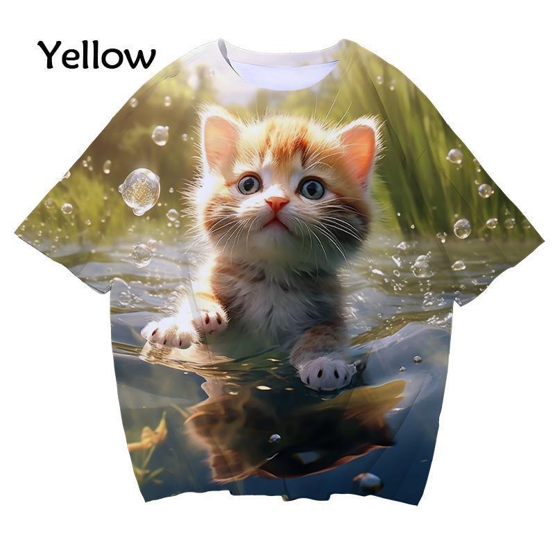 New 3D printed women's T-shirt with cute cat enthusiast pattern T-shirt casual round neck short sleeved large T-shirt top