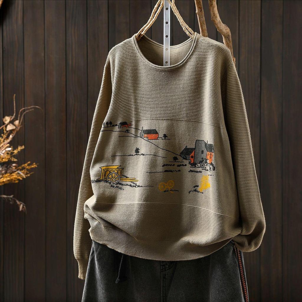 Autumn Cartoon Print Long Sleeve Knit Cotton Sweater for Women