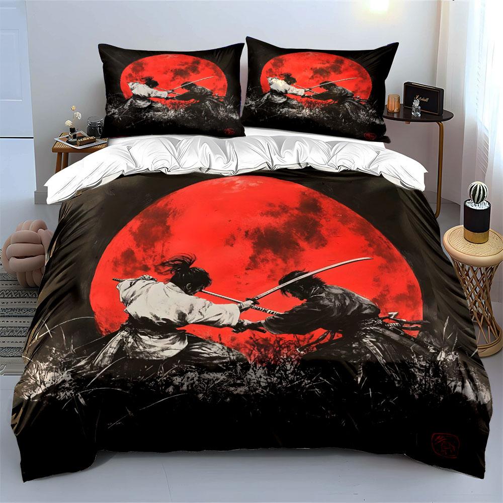 Samurai Duel Under Red Moon Bedding Duvet Cover Set  (1*Duvet Cover 2*Pillowcases, without duvet insert)