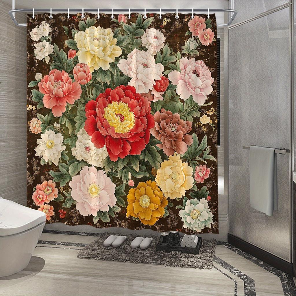 Elegant Peony Floral Shower Curtain -Waterproof,Mildew-Resistant With Vibrant Flowers For A Classic And Luxurious Bathroom Decor
