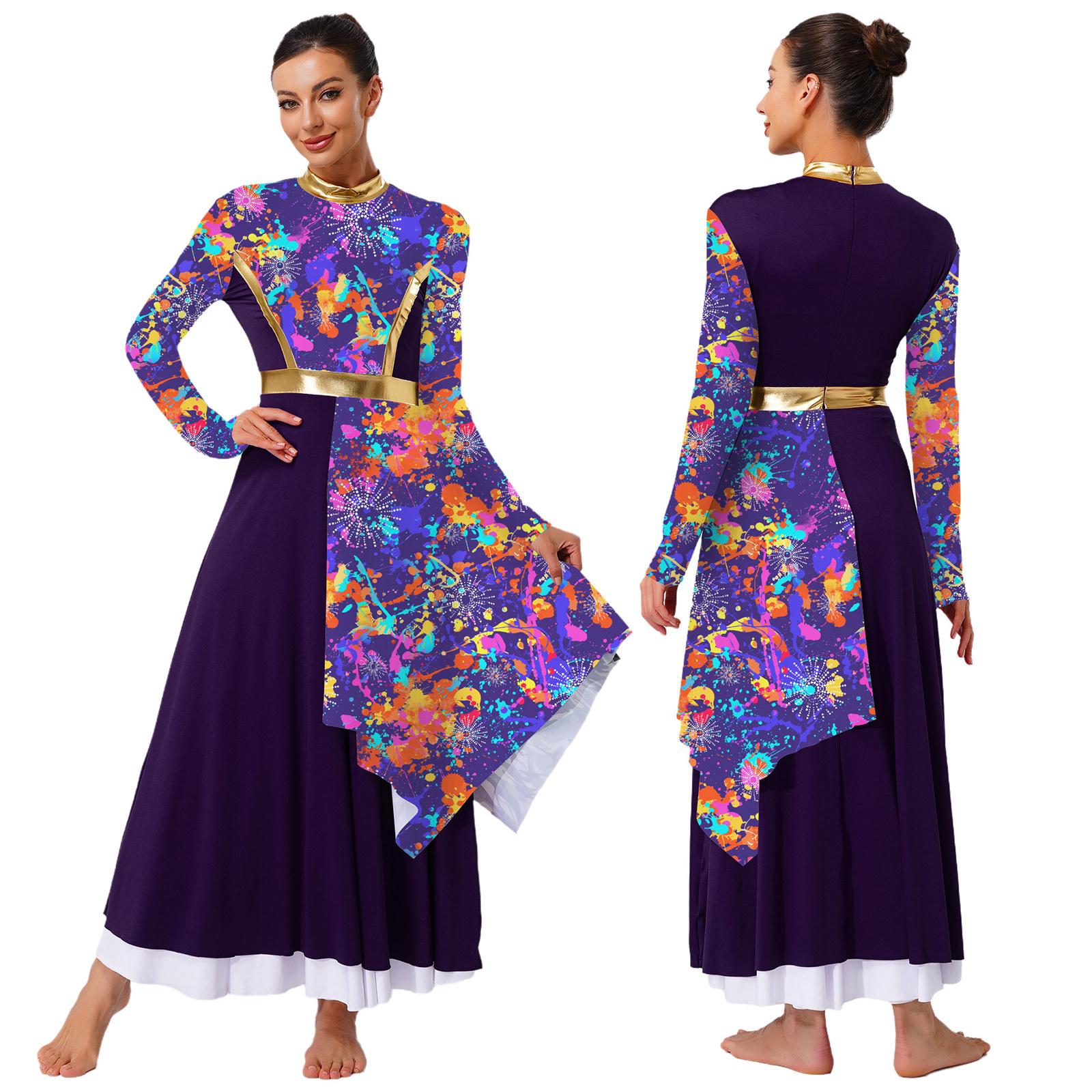 

Ladies Liturgical Dance Dress Mock Neck Long Sleeve High Waist Asymmetrical Tunic for Praise Worship Lyrical Dance Stage Wear S фіолетовий