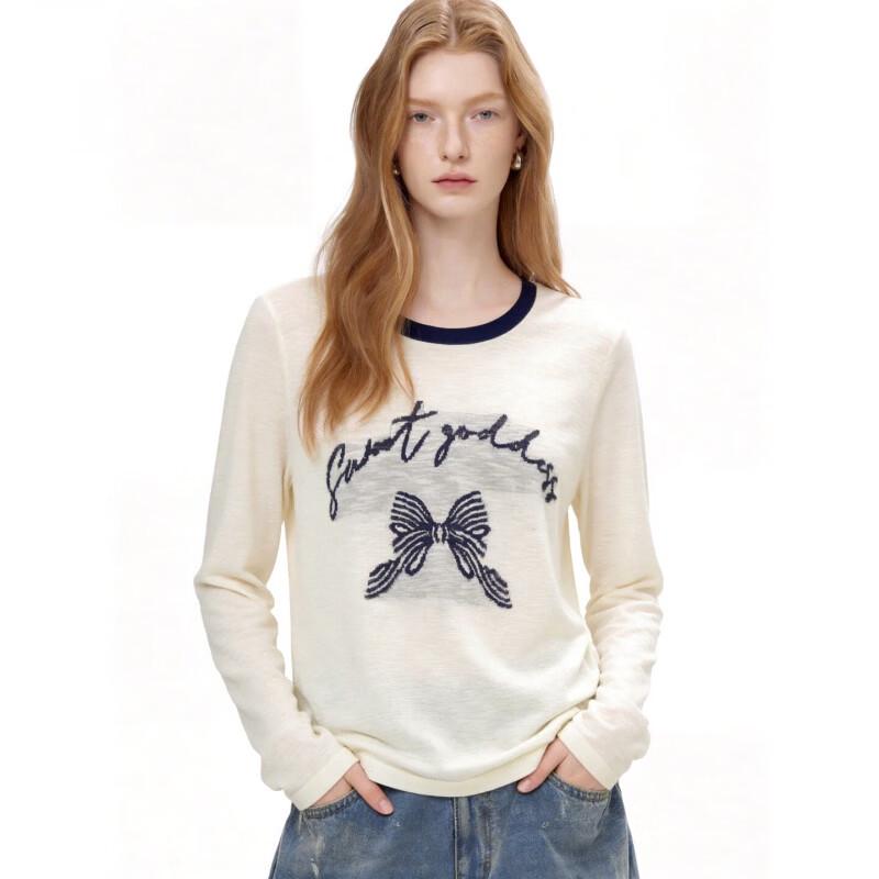 Basic House Women's Embroidered Bow Contrast Knit Sweater