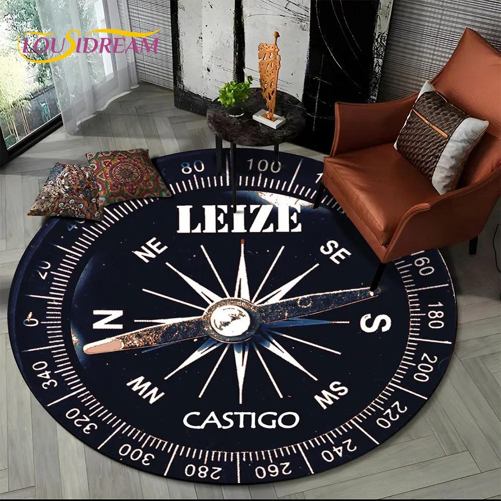 3D Retro Kompass Serie Kreis Teppich,Runder Teppich für Wohnzimmer Schlafzimmer Sofa Fußmatte Dekor Rutschfeste Bodenmatte Geschenk