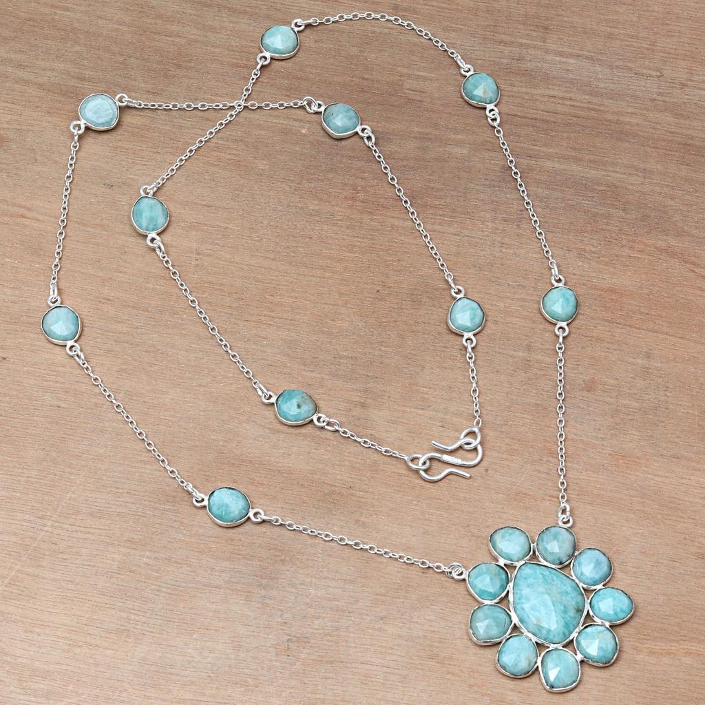Necklace Amazonite Feceted Gemstone Handmade Antique Silver Jewelry 26''
