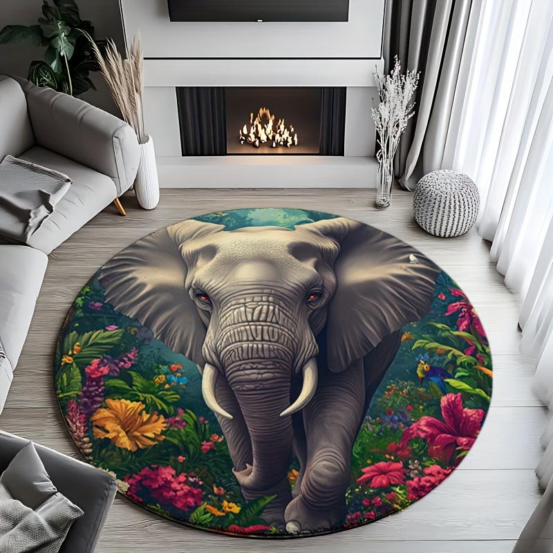 Elephant in Jungle Round Flannel Rug Printed Animal Art Floor Mat for Living Room Bedroom Kids Play Area Soft Non Slip Home