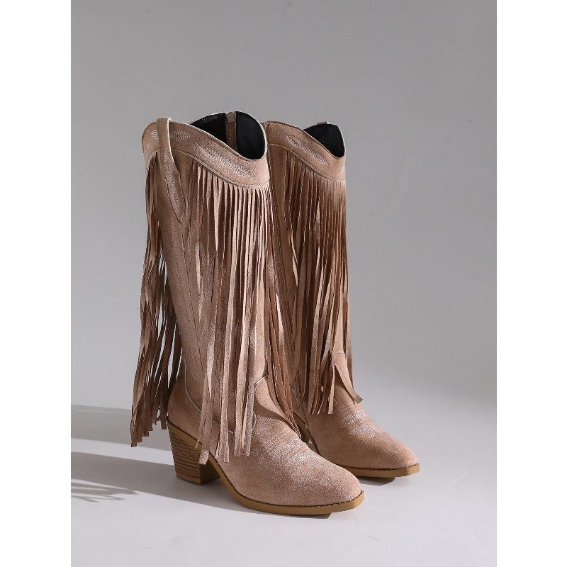 Embroidered Big Yard Pointed Toe High Heel Tassel Boots Women's 2025 Winter New Ethnic Style Thick-heeled Knight Boots