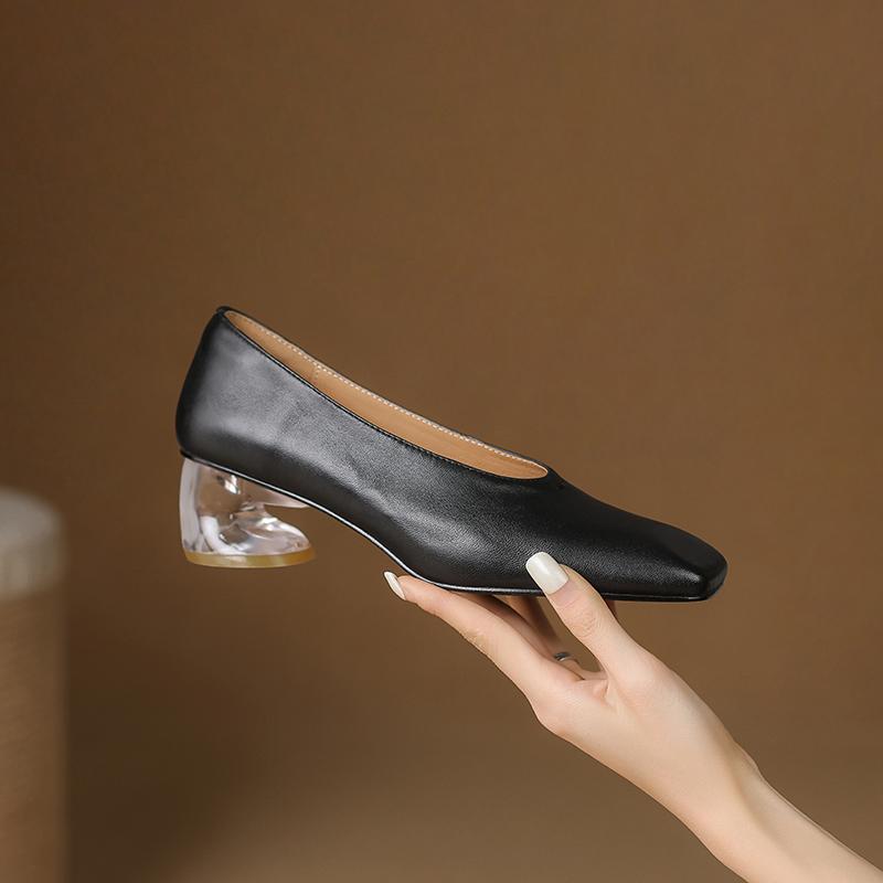 Fashion 2025 Women Genuine Leather Pumps Transparent Heel High Heels Spring Summer Elegant Office Pumps Square Toe Classic Casual Shoes