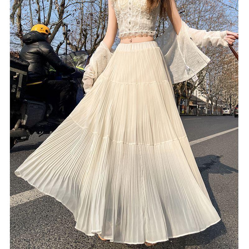 Spring Summer Women Skirts Vintage High Waist Elastic Patchwork Long Cake A-line Skirt Long Skirts for Women