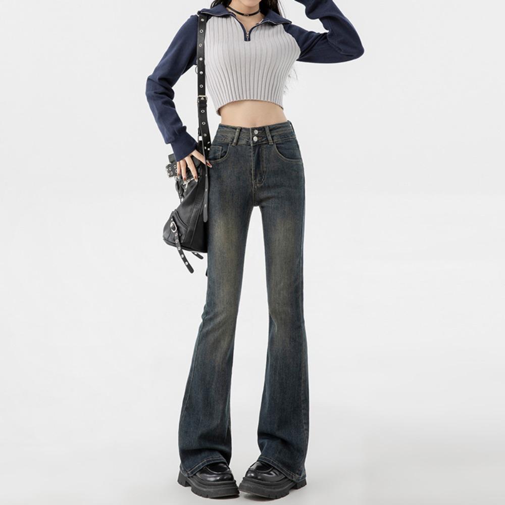 Personalized street high-waisted double-buckle micro-pull jeans women's spring and autumn new thin horseshoe jeans