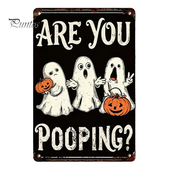 Distressed Metal Signage Retro Halloween Wall Sign, Pumpkin Ghost Bathroom American Style Decor Art Witch Cat Festival Sign for Bar Home Room