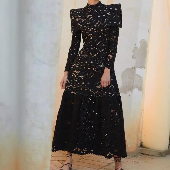 Spot Spring and Summer Semi-turtleneck Hollow Lace Dress Elegant Long Sleeve Long Skirt Women S чёрный
