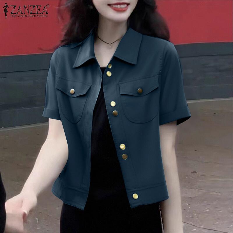 ZANZEA Women Turn Down Collar Casual Short Sleeve Blouse