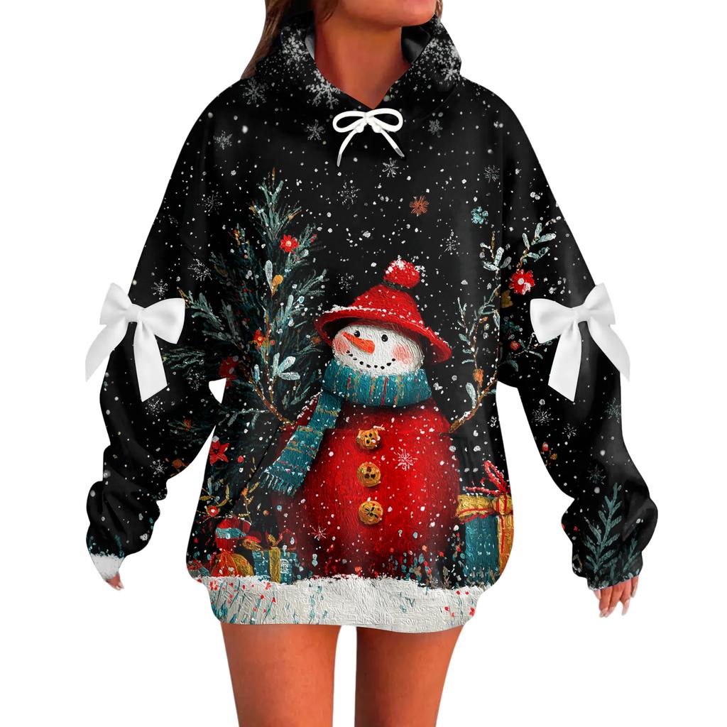 Ladies' Christmas Printed Bow Long Sleeved Loose Fitting Headband With Rope Hooded Sweatshirt Top