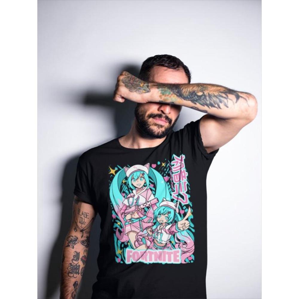 Fortnite x Hatsune Miku T-Shirt, Unisex Game & Anime Fan Streetwear Tee, 100% Cotton Casual Short Sleeve Top 4XL