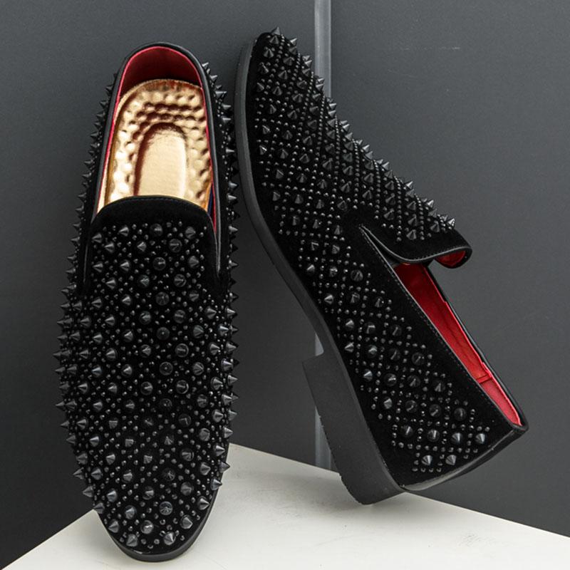 Fashion New Black Rivet Rhinestones Pointed Slip On Shoes Men Designer Rock Punk Loafers Formal Wedding Prom