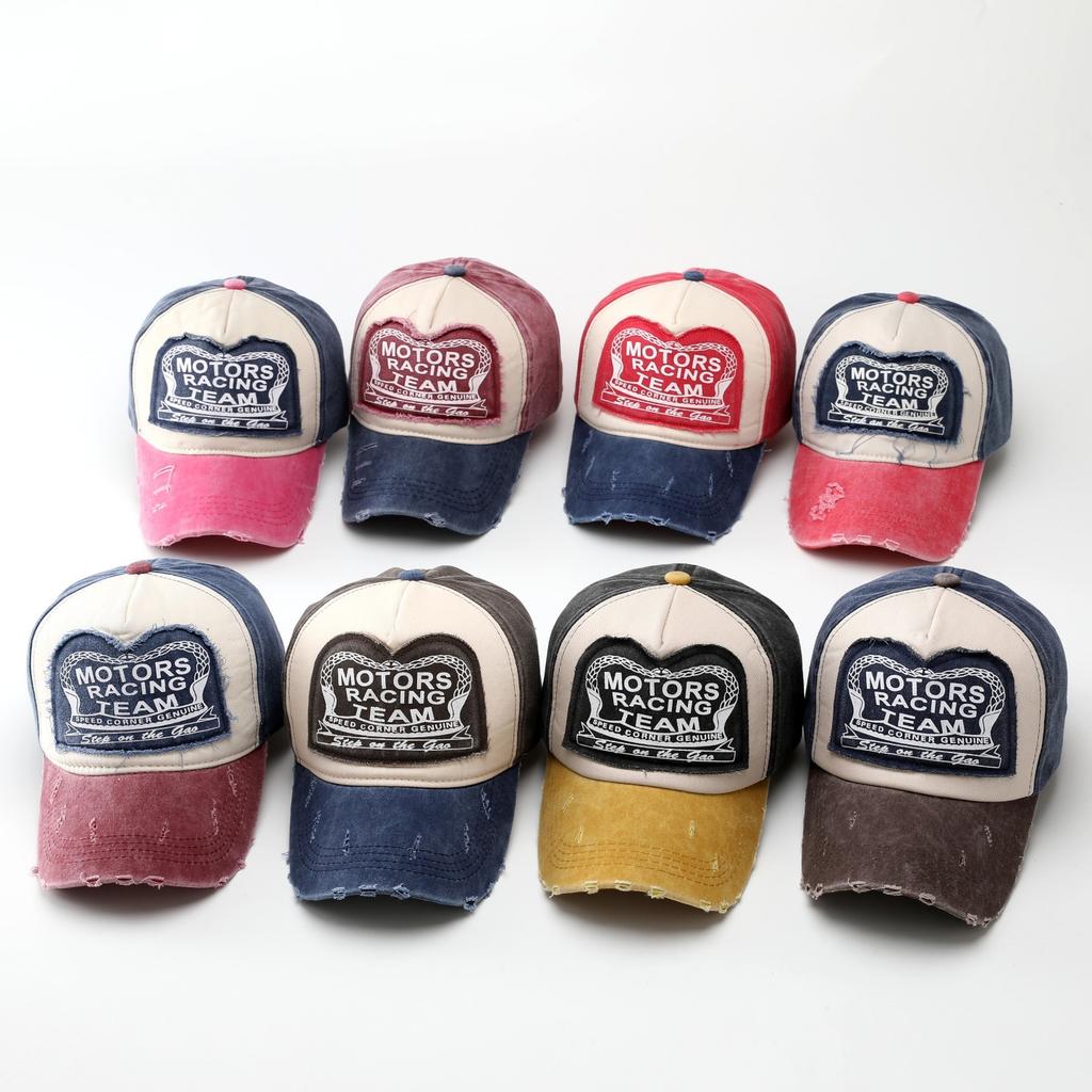 MOTO color-blocked baseball caps for women, American vintage distressed baseball caps, men's large head circumference, deepened hip-hop caps