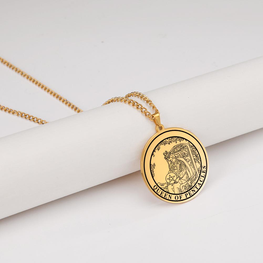 LIKGREAT Spiritual Tarot Necklace for Men and Women Pentacles Pendants Necklaces Vintage Round Stainless Steel Jewelry Gift