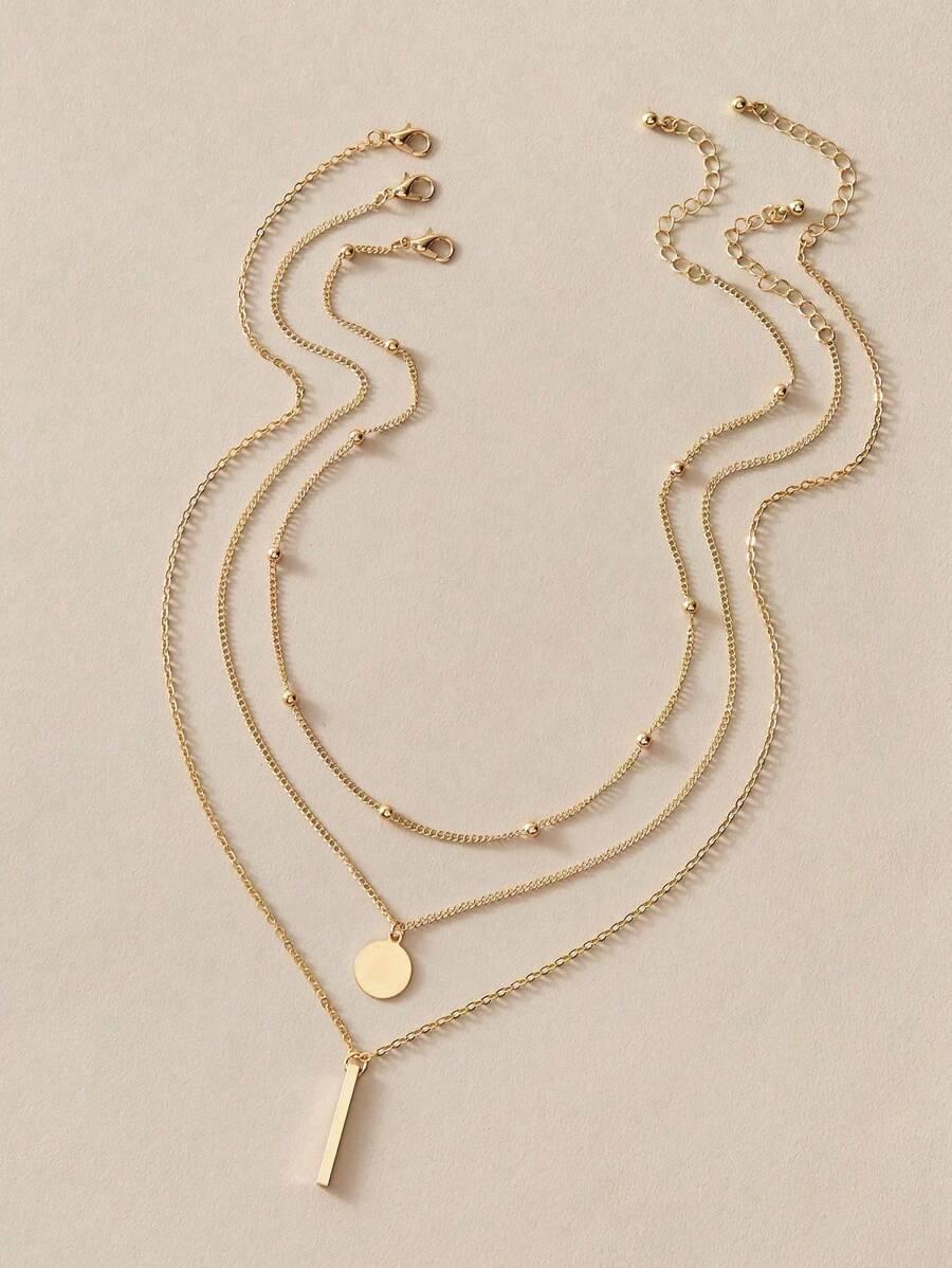 

Fashionable Gold Disc & Rectangular Pendant Layered Necklace Set - European & American Style золотой