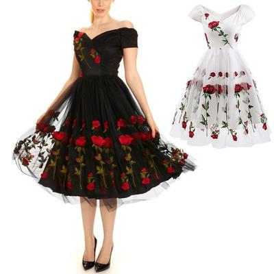 Damen-Abschlussballkleid, bestickt, Rosenblumen, Netzstoff, Tüll, schulterfrei, Midi-Skater, Hochzeitsgast, Abend, Cocktailparty, besondere formelle Anlässe
