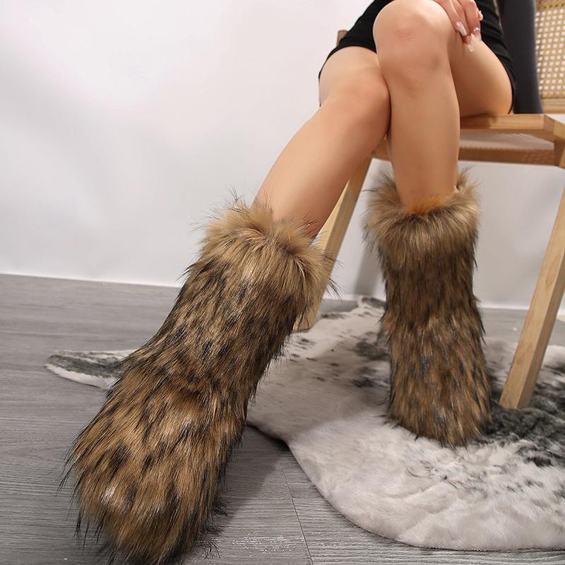 Cizme de iarnă cu blană de lux, la jumătatea gambei, pentru femei, noi de blană artificială, cizme de zăpadă pentru femei, cu îngroșare, pufoase, la jumătatea gambei