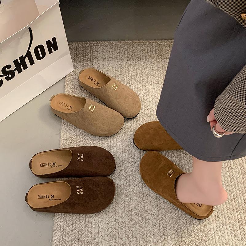 thick-soled women's baotou half slippers 2025 new spring retro one-pedal letter fashion casual lazy shoes