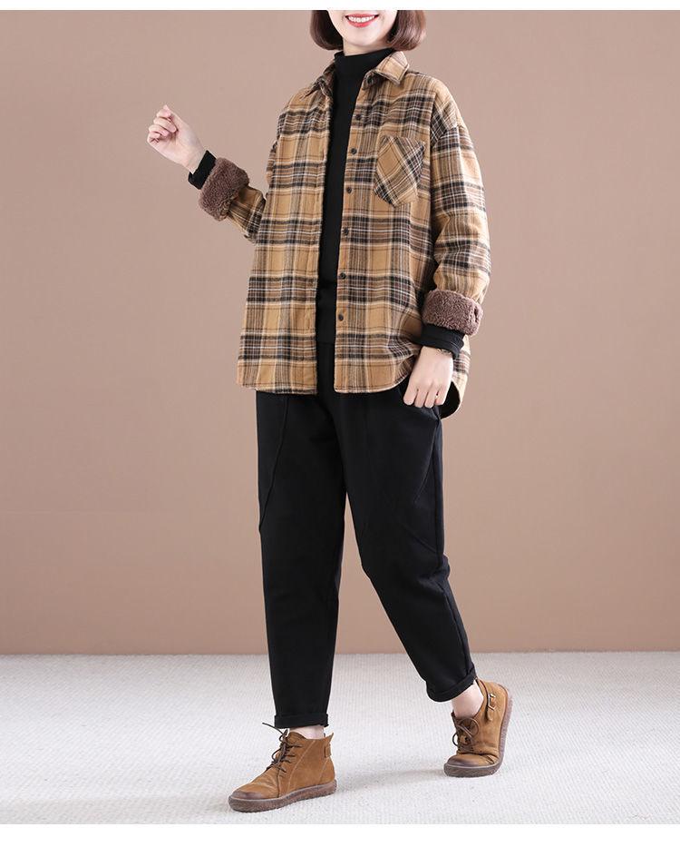 Women's Winter Brushed Plaid Long Sleeve Mid-Length Coat