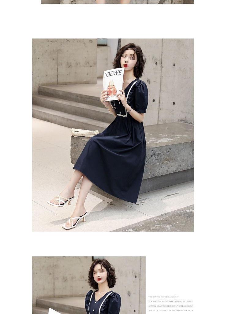 Forest-Style Puff Sleeve A-Line Dress: Summer French Waist-Cinching Mid-Length Skirt with Contrasting Colors