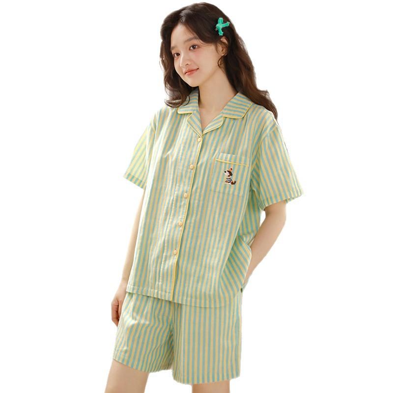Summer pure cotton cotton yarn women's short-sleeved shorts cartoon simple casual can be worn outside striped loungewear set 11