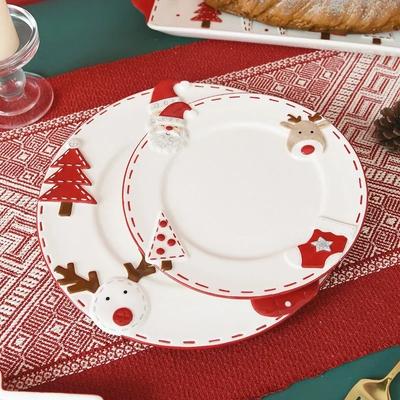 1Pc Santa Claus Ceramic Round Plate Western Style Dinner Plate Embossed Cake Dessert Plates Home Tableware Christmas Gift
