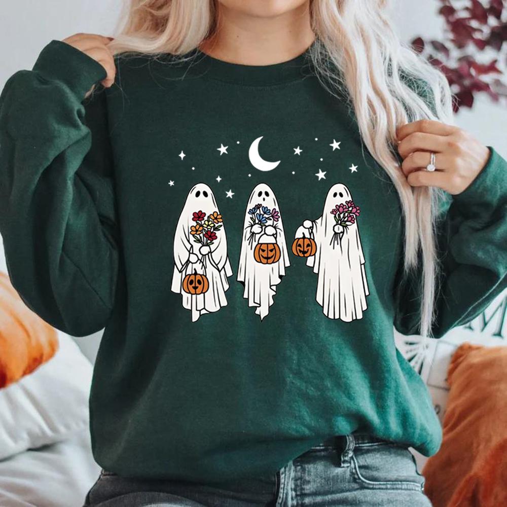 Vintage Halloween Ghost Sweatshirt Floral Retro Spooky Pumpkin Sweatshirts Women Long Sleeve Pullover Womens Halloween Hoodies