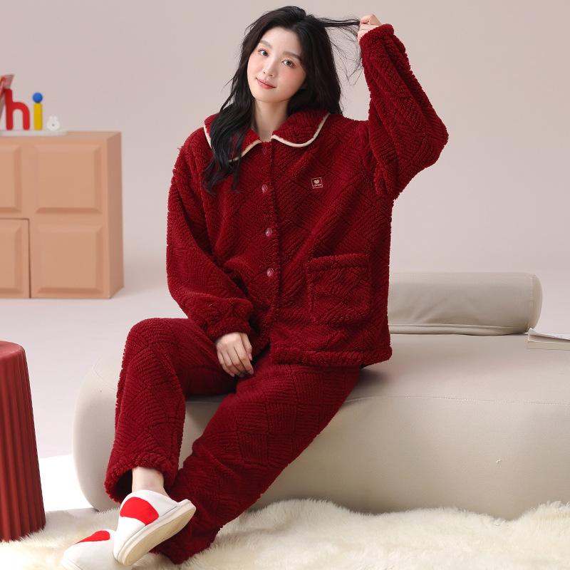 Red Pajamas Women'S Autumn And Winter Flannel Coral Fleece Pajamas Men'S Festive Wedding Couple New Set
