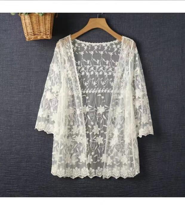 Γυναικεία Κεντημένη Διάτρητη Επτάτελη Καρντιγκάν Προστασίας από τον Ήλιο Τοπ Παραλίας