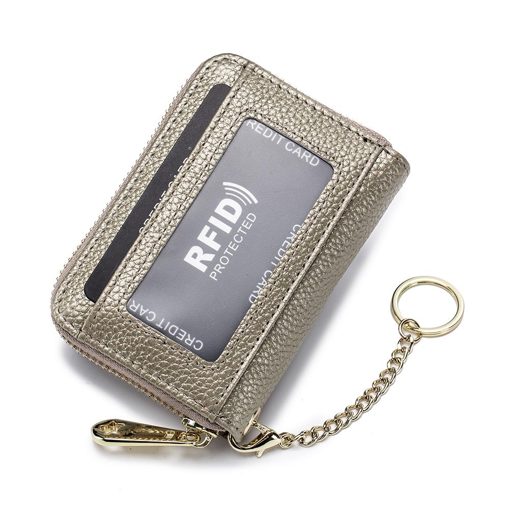 Genuine Leather Men Women Rfid Credit Card Holder Small Zipper Wallet Solid Coin Purse Key Ring ID Pocard Slot Mini Money Bag