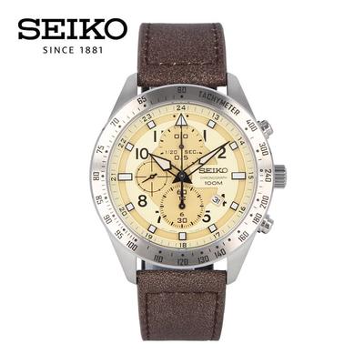 SEIKO SNDH43P1 SNDH43P Criteria Chronograph Tachymeter Lumi Bright Date Beige Silver Brown Leather Wrist Watch For Men