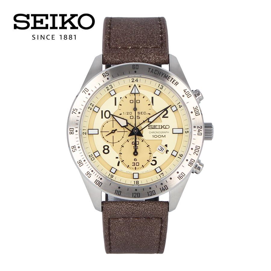 SEIKO SNDH43P1 SNDH43P Criteria Chronograph Tachymeter Lumi Bright Date Beige Silver Brown Leather Wrist Watch For Men
